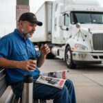 En manlig yrkeschaufför tar en lagstadgad paus vid sin lastbil, läser en tidning och dricker kaffe, vilket symboliserar vikten av regler och säkerhet inom transportsektorn