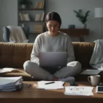 Person som distansarbetar från en soffa, med dator och utspritt arbetsmaterial runt omkring sig.